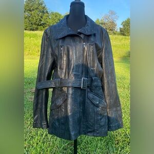 Wilsons Leather Moto black leather mini trench / longline distressed belted coat